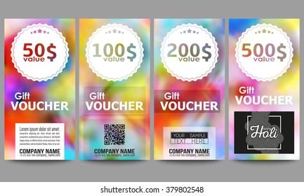 Set of modern gift voucher templates. Colorful background for Holi celebration, vector illustration.