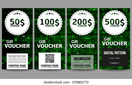 Set of modern gift voucher templates. Virtual reality, abstract technology background with green symbols, vector illustration.