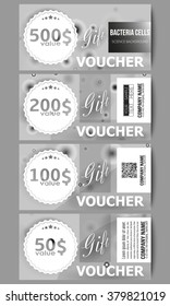 Set of modern gift voucher templates. Molecular research, illustration of cells in gray, science vector background.