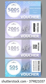 Set of modern gift voucher templates. Abstract white circles on light blue background, vector illustration.