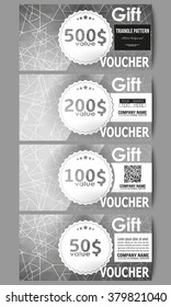 Set of modern gift voucher templates. Sacred geometry, triangle design gray background. Abstract vector illustration.