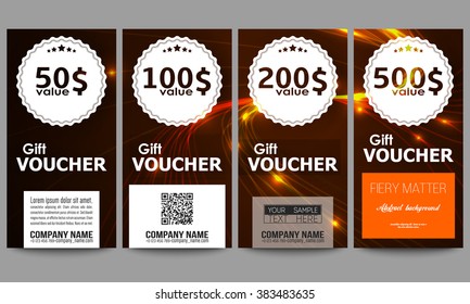 Set of modern gift voucher templates. Abstract lines background, dynamic glowing decoration, motion design, energy style vector illustration.