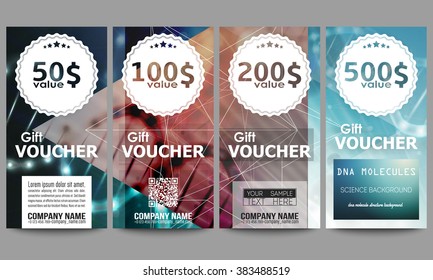 Set of modern gift voucher templates. DNA molecule structure on dark green background. Science vector background.