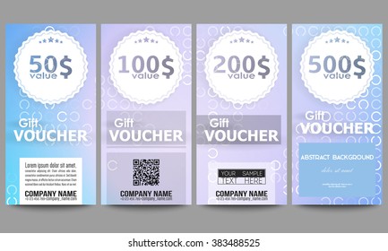 Set of modern gift voucher templates. Abstract white circles on light blue background, vector illustration.