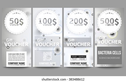 Set of modern gift voucher templates. Molecular research, illustration of cells in gray, science vector background.