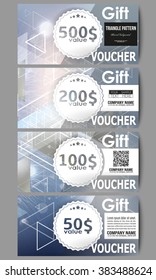 Set of modern gift voucher templates. Abstract blurred vector background with triangles, lines and dots.