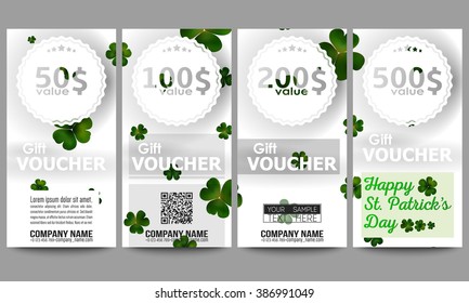 Set of modern gift voucher templates. St Patricks day vector background, green clovers on white.
