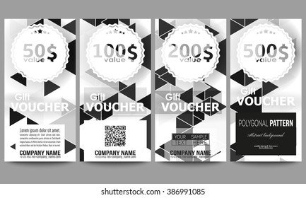 Set of modern gift voucher templates. Triangular vector pattern. Abstract black triangles on white background.