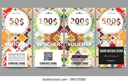 Set of modern gift voucher templates. Material Design. Colored vector background.