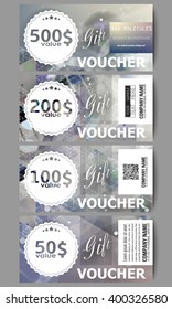 Set of modern gift voucher templates. DNA molecule structure on dark blue background. Science vector background.