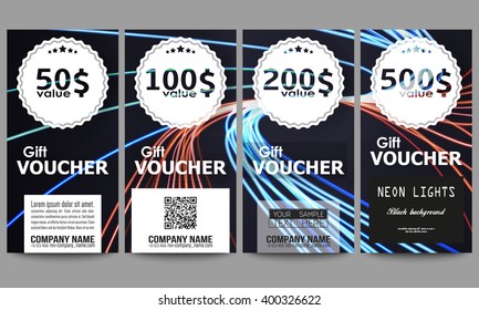 Set of modern gift voucher templates. Abstract lines background, motion design vector illustration.