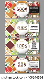 Set of modern gift voucher templates. Material Design. Colored vector background.