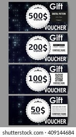 Set of modern gift voucher templates. Virtual reality, abstract technology background with blue symbols, vector illustration.