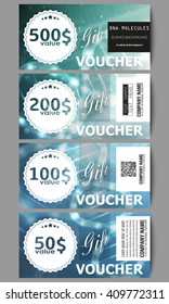 Set of modern gift voucher templates. DNA molecule structure on dark blue background. Science vector background.