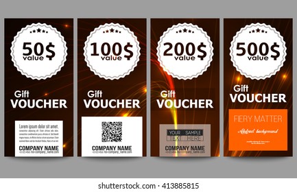 Set of modern gift voucher templates. Abstract lines background, dynamic glowing decoration, motion design, energy style vector illustration.