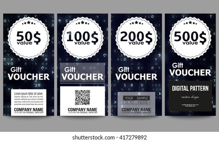 Set of modern gift voucher templates. Virtual reality, abstract technology background with blue symbols, vector illustration.