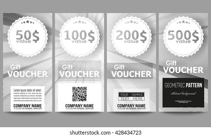 Set of modern gift voucher templates. Abstract lines background, simple abstract monochrome texture.