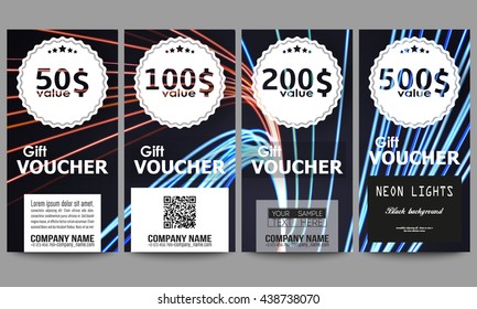 Set of modern gift voucher templates. Abstract lines background, motion design vector illustration.