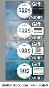 Set of modern gift voucher templates. Abstract blue polygonal background, colorful backdrop, modern stylish vector texture.