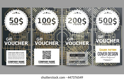Set of modern gift voucher templates. Golden technology pattern on dark background with connecting lines and dots, connection structure. Digital scientific vector.