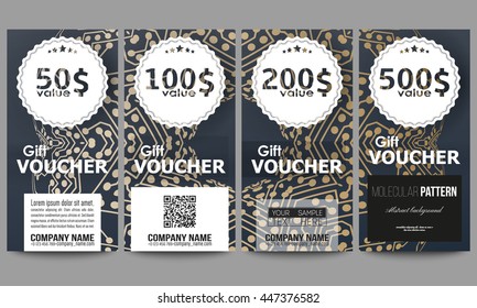 Set of modern gift voucher templates. Golden microchip pattern, abstract template with connecting dots and lines, connection structure. Digital scientific vector background.