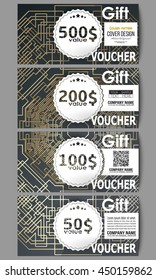 Set of modern gift voucher templates. Golden technology pattern on dark background with connecting lines and dots, connection structure. Digital scientific vector.