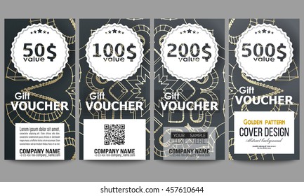 Set of modern gift voucher templates. Polygonal backdrop with golden connecting dots and lines, connection structure. Digital scientific background.