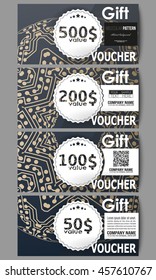 Set of modern gift voucher templates. Golden microchip pattern, abstract template with connecting dots and lines, connection structure. Digital scientific vector background.