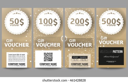Set of modern gift voucher templates. Abstract polygonal low poly backdrop with connecting dots and lines, golden background, connection structure. Digital or science vector.