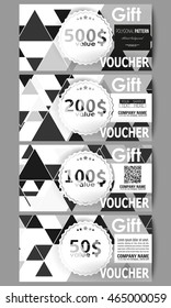 Set of modern gift voucher templates. Triangular vector pattern. Abstract black triangles on white background.