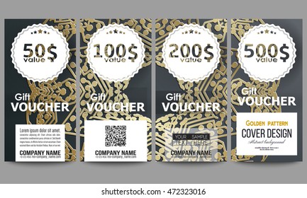 Set of modern gift voucher templates. Golden microchip pattern on dark background with connecting dots and lines, connection structure. Digital scientific vector