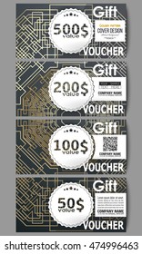 Set of modern gift voucher templates. Golden technology pattern on dark background with connecting lines and dots, connection structure. Digital scientific vector