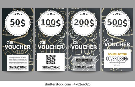 Set of modern gift voucher templates. Polygonal backdrop with golden connecting dots and lines, connection structure. Digital scientific background