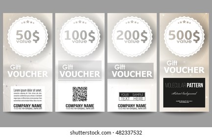 Set of modern gift voucher templates. Abstract polygonal low poly backdrop with connecting dots and lines, connection structure. Vector or digital science background