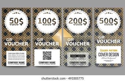 Set of modern gift voucher templates. Islamic gold pattern with overlapping geometric square shapes forming abstract ornament. Vector stylish golden texture on black background