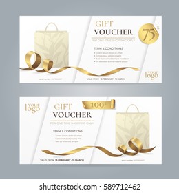 Set of modern gift vouchers with shiny golden ribbons and paper shopping bags with floral patterns. Vector template for gift card, coupon and certificate. Isolated from the background.