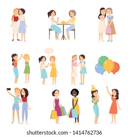 Set of modern girlfriends in different daily normal situations