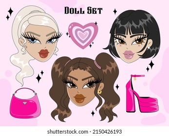 Conjunto de personajes femeninos de glamour moderno. Juego de vectores de zapatos Versace, bolsa Prada, corazón colorido, muñecas de bratz. Plantilla para tarjeta, afiche, pancarta, pegatinas, imprimir para camiseta, alfiler, insignia.