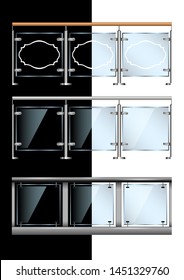 Set modern glass and metal seamless transparent railing isolated. Realistic vector, illustration.