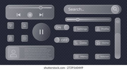 Set of modern glass user interface elements, transparent ui for app or website, including media player, search bar, toggles, buttons, and sliders, providing sleek and futuristic design for digital products editable stroke vector illustration.