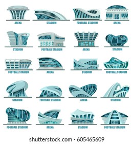 Set of modern glassware football stadiums or sport arena buildings, soccer constructions and athletic fields architecture, place for sport games and tournaments exterior view. Futuristic buildings