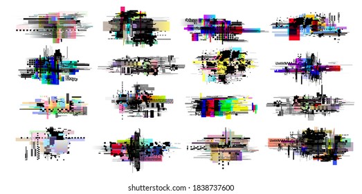 Set of modern glitch. Tv noise glitches, monitor signal decay and screen bug. Collection digital data dynamic video glitched signals texture or crash internet monitor grunge icons. Vector illustration