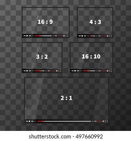 Set of modern glossy web players for video different proportions on transparent background