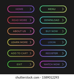 Set of modern glowing multi-colored gradient buttons on dark background