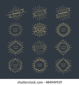 Set of modern gold stroke line frame logo with sunburst. Vector design elements, business signs, logos, identity, labels, badges and other branding objects for your business. Vector illustration