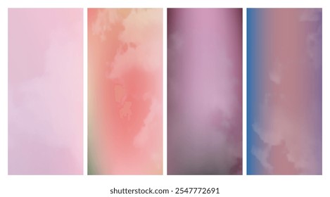 Set of modern gradient backgrounds with clouds. Bright abstract presentation backdrop. Vector illustration