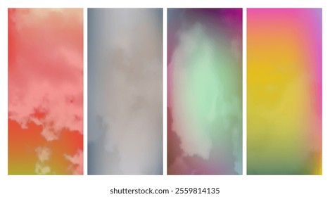 Set of modern gradient backgrounds with clouds. Bright abstract presentation backdrop. Vector illustration