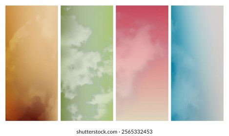 Set of modern gradient backgrounds with clouds. Bright abstract presentation backdrop. Vector illustration