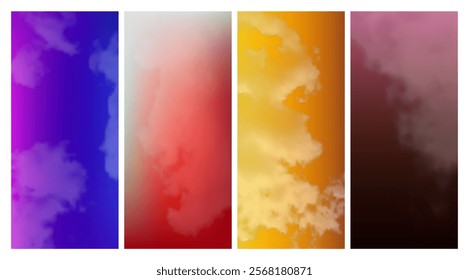 Set of modern gradient backgrounds with clouds. Bright abstract presentation backdrop. Vector illustration