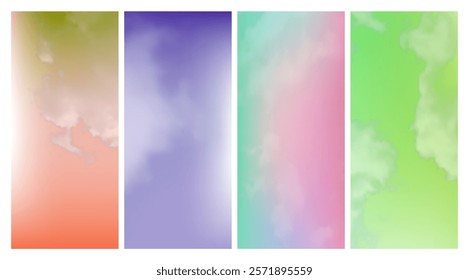 Set of modern gradient backgrounds with clouds. Bright abstract presentation backdrop. Vector illustration